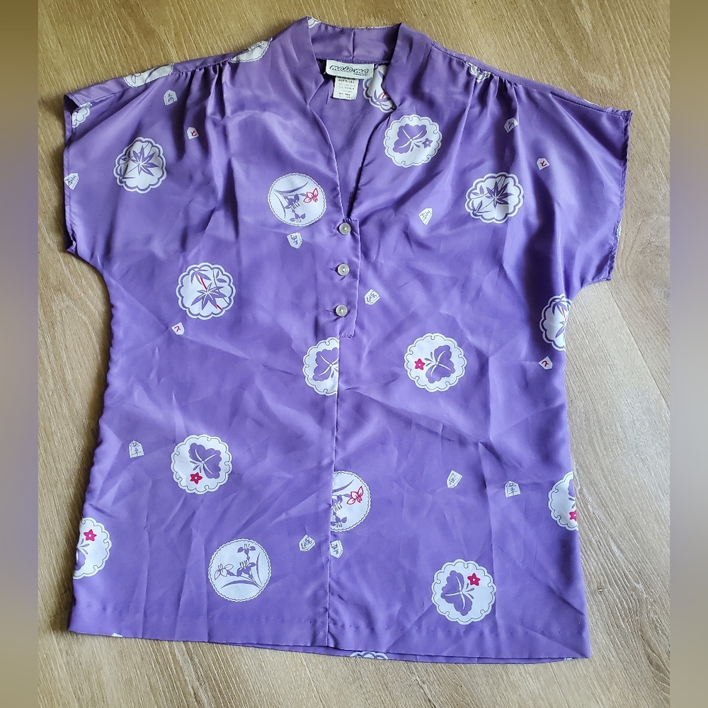 Vintage Hawaiiana Malama Honolulu Purple Button-Up Blouse with Floral Print